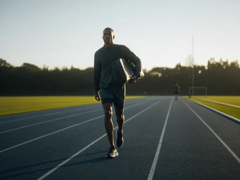Sportowiec niesie ciemną torbę duffle po pustym torze biegowym o świcie